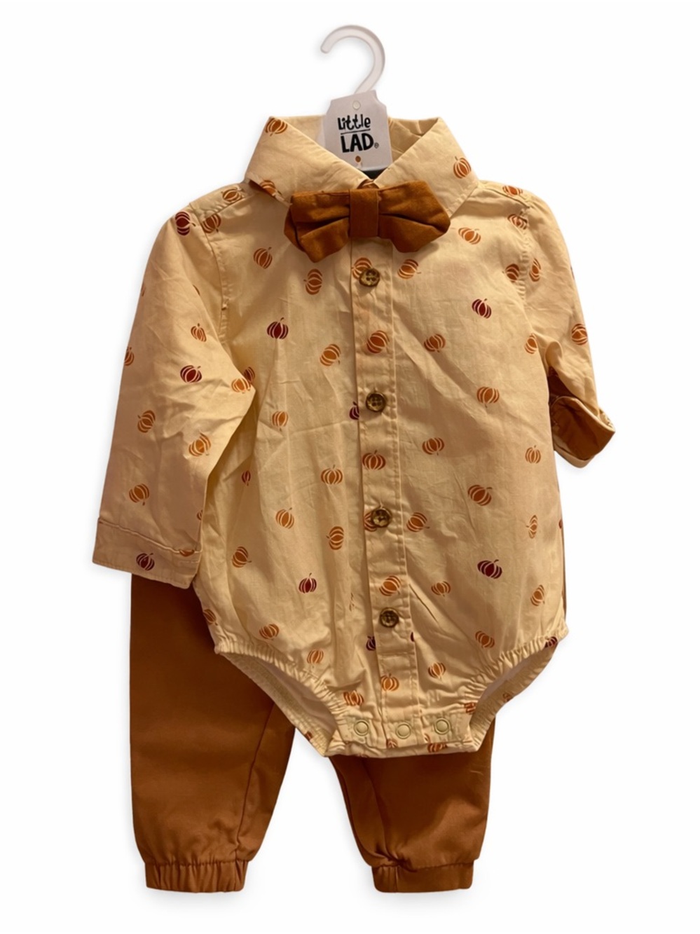 Little Lad Pumpkin Print Button-Up Bodysuit with Bow and Brown Pants